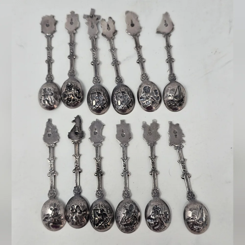 Vtg Holland Dutch demitasse mini spoons stamped novelty ornate figural set of 12
